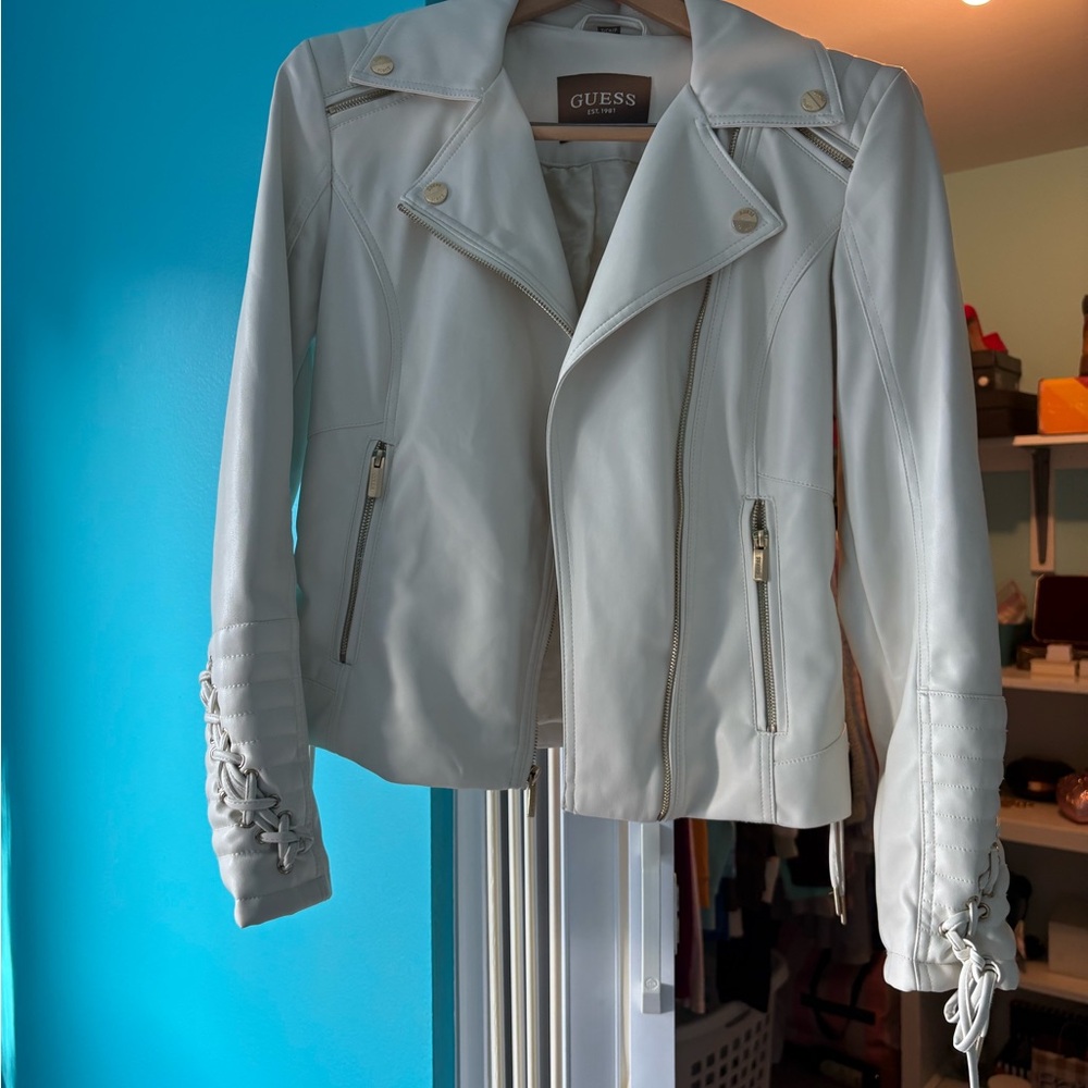 GUESS Women's White Faux Leather Moto Jacket